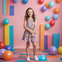 A full-length image of a 10-year-old girl model, radiant with joy in a fun, colorful setting for a photoshoot.