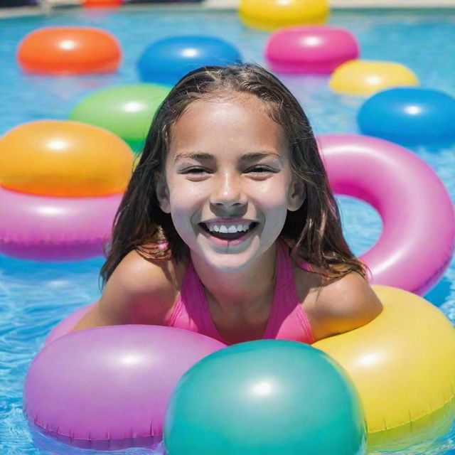 A gleeful 10-year-old girl model grinning widely, enjoying herself in a sizable swimming pool, surrounded by colourful pool floaties.