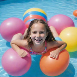 A gleeful 10-year-old girl model grinning widely, enjoying herself in a sizable swimming pool, surrounded by colourful pool floaties.