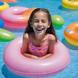 A gleeful 10-year-old girl model grinning widely, enjoying herself in a sizable swimming pool, surrounded by colourful pool floaties.