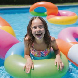 A gleeful 10-year-old girl model grinning widely, enjoying herself in a sizable swimming pool, surrounded by colourful pool floaties.