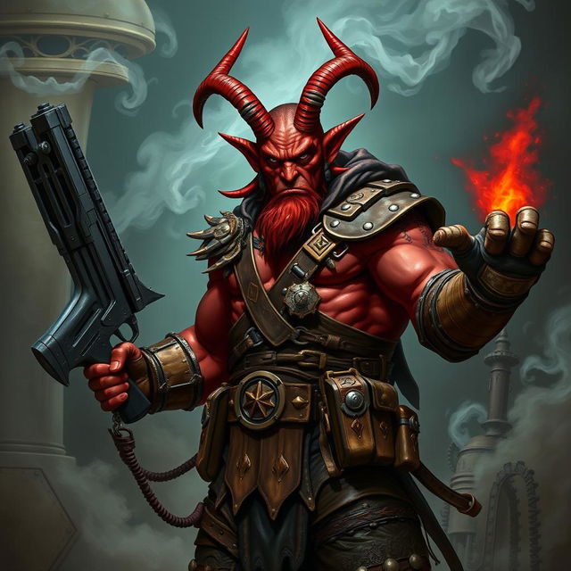 A tiefling barbarian named Gumong Steamfire, appearing as a 32-year-old human, with striking red skin, elegantly curved horns, and a fierce, battle-ready expression