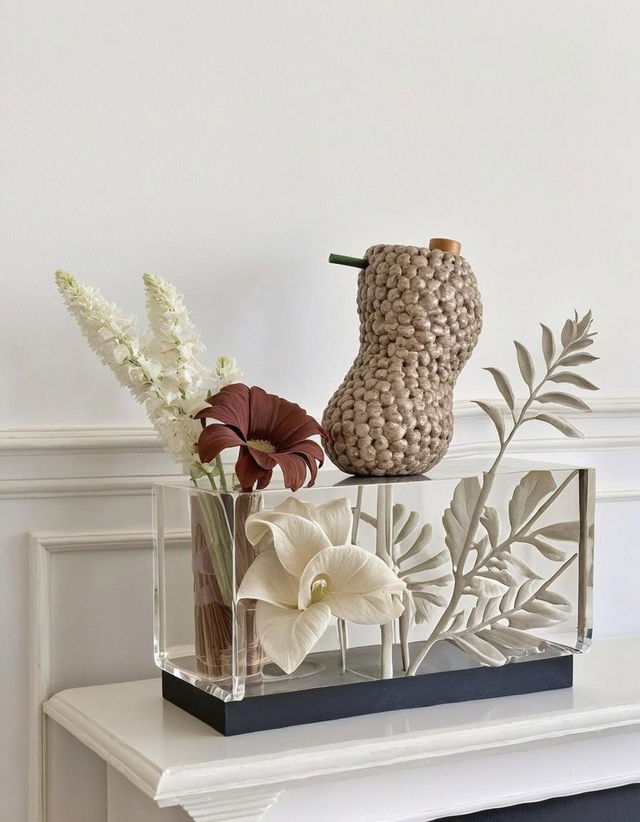 A striking display featuring a unique transparent vase intricately carved with floral designs, showcasing a beautiful arrangement of flowers