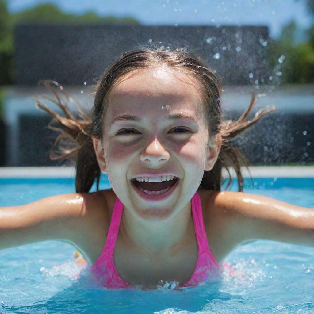 A 10-year-old girl model, emanating happiness, splashing water amidst laughter in a brightly lit swimming pool. 