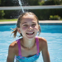 A 10-year-old girl model, emanating happiness, splashing water amidst laughter in a brightly lit swimming pool. 