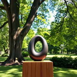 A serene outdoor setting featuring a small, unique abstract sculpture made of polished stone, elegantly shaped and artfully placed on a smooth wooden pedestal