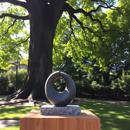 A serene outdoor setting featuring a small, unique abstract sculpture made of polished stone, elegantly shaped and artfully placed on a smooth wooden pedestal