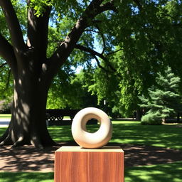 A serene outdoor setting featuring a small, unique abstract sculpture made of polished stone, elegantly shaped and artfully placed on a smooth wooden pedestal