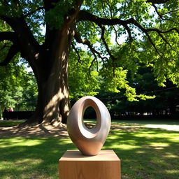 A serene outdoor setting featuring a small, unique abstract sculpture made of polished stone, elegantly shaped and artfully placed on a smooth wooden pedestal