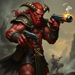 Un tiefling bárbaro llamado Gumong Steamfire, que parece un adulto joven de 32 años en años humanos, con piel de un rojo vibrante, cuernos prominentes y una expresión intensa que muestra su disposición a la batalla