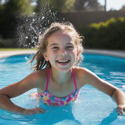 A 10-year-old girl model, emanating happiness, splashing water amidst laughter in a brightly lit swimming pool. 