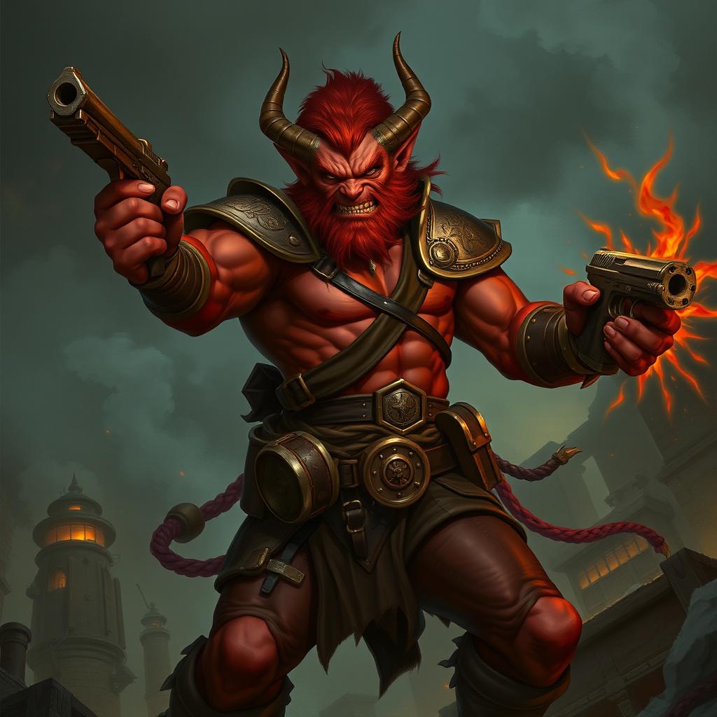 Un tiefling bárbaro llamado Gumong Steamfire, que parece un adulto joven de 32 años en años humanos, con piel de un rojo vibrante, cuernos prominentes y una expresión intensa que muestra su disposición a la batalla