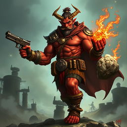 Un tiefling bárbaro llamado Gumong Steamfire, que parece un adulto joven de 32 años en años humanos, con piel de un rojo vibrante, cuernos prominentes y una expresión intensa que muestra su disposición a la batalla