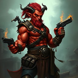 Un tiefling bárbaro llamado Gumong Steamfire, que parece un adulto joven de 32 años en años humanos, con piel de un rojo vibrante, cuernos prominentes y una expresión intensa que muestra su disposición a la batalla