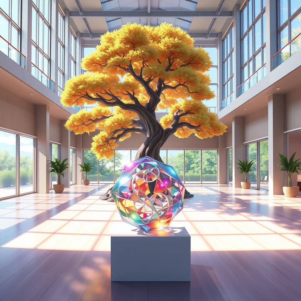 An expansive room depicted in a vibrant anime style featuring a small, intricate abstract sculpture made of translucent materials that reflect light beautifully