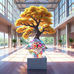 An expansive room depicted in a vibrant anime style featuring a small, intricate abstract sculpture made of translucent materials that reflect light beautifully