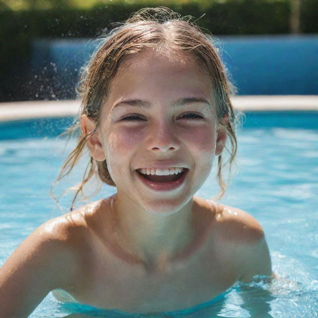 A 10-year-old girl model, emanating happiness, splashing water amidst laughter in a brightly lit swimming pool. 