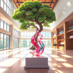 An expansive room depicted in a vibrant anime style featuring a small, intricate abstract sculpture made of translucent materials that reflect light beautifully