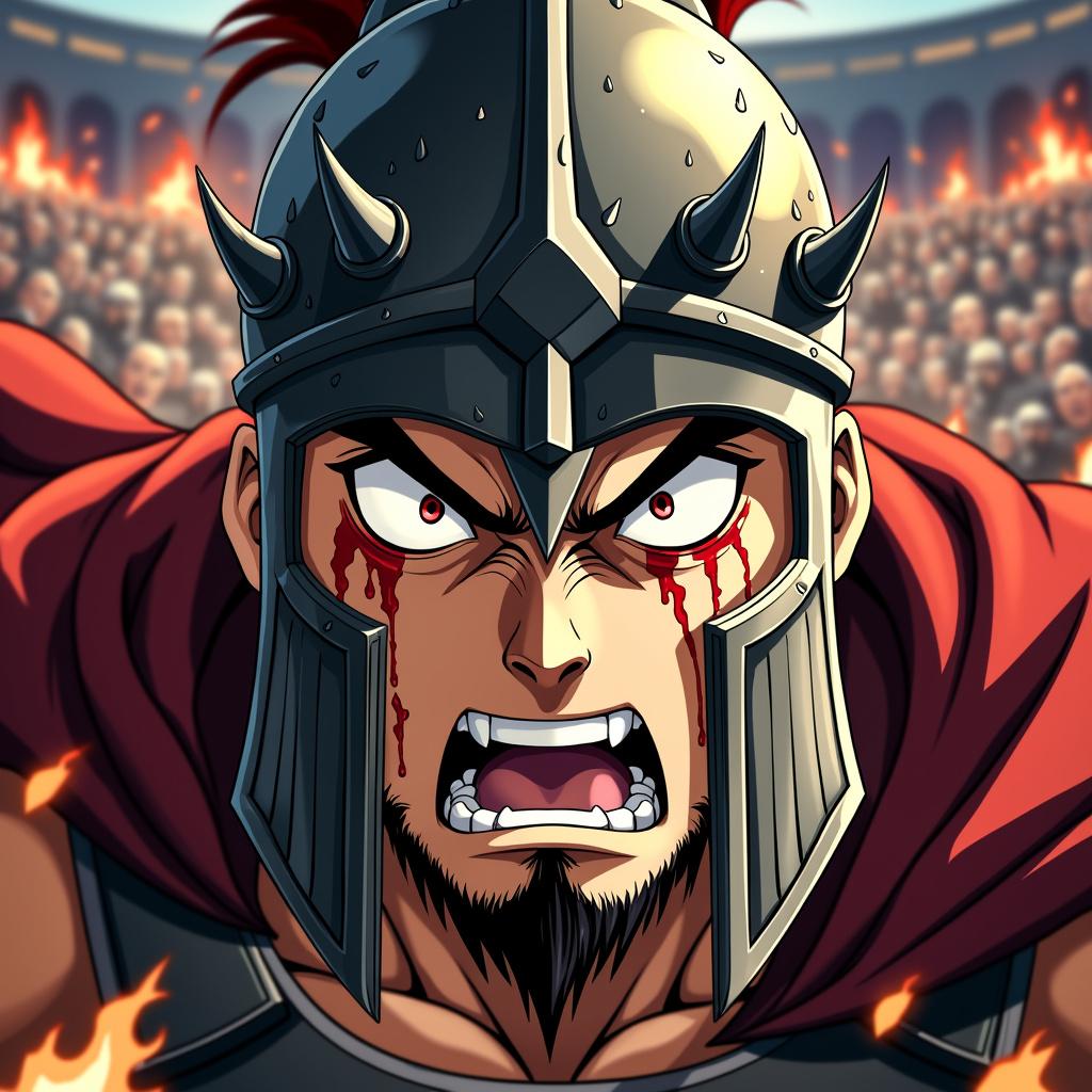 An aggressive close-up shot of a fierce gladiator's face, showcasing raw intensity and determination as he gears up for his last battle