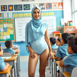 A 25-year-old female teacher wearing a modern, fashionable two-piece swimsuit that is stylish yet modest, featuring a burqa-inspired design appropriate for a classroom setting