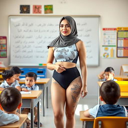 A 25-year-old female teacher wearing a modern, fashionable two-piece swimsuit that is stylish yet modest, featuring a burqa-inspired design appropriate for a classroom setting