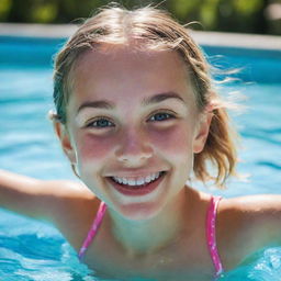 A vibrant 10-year-old girl model, exuding happiness, playfully enjoying herself in a sparkling swimming pool on a sunny day.