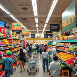 A vibrant and bustling supermarket filled with diverse products