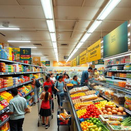 A vibrant and bustling supermarket filled with diverse products