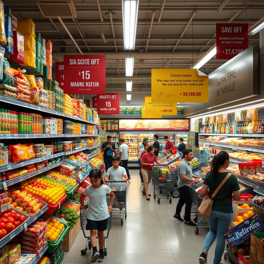 A vibrant and bustling supermarket filled with diverse products