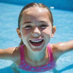 A vibrant 10-year-old girl model, exuding happiness, playfully enjoying herself in a sparkling swimming pool on a sunny day.