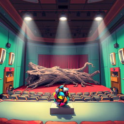 Inside a vibrant anime-style theatre space, a small abstract sculpture is displayed prominently at the front of the stage, crafted from colorful materials that reflect light in captivating ways