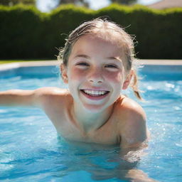 A vibrant 10-year-old girl model, exuding happiness, playfully enjoying herself in a sparkling swimming pool on a sunny day.