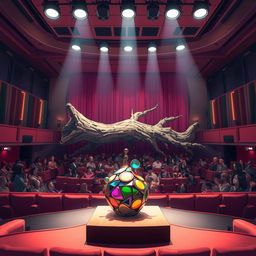 Inside a vibrant anime-style theatre space, a small abstract sculpture is displayed prominently at the front of the stage, crafted from colorful materials that reflect light in captivating ways