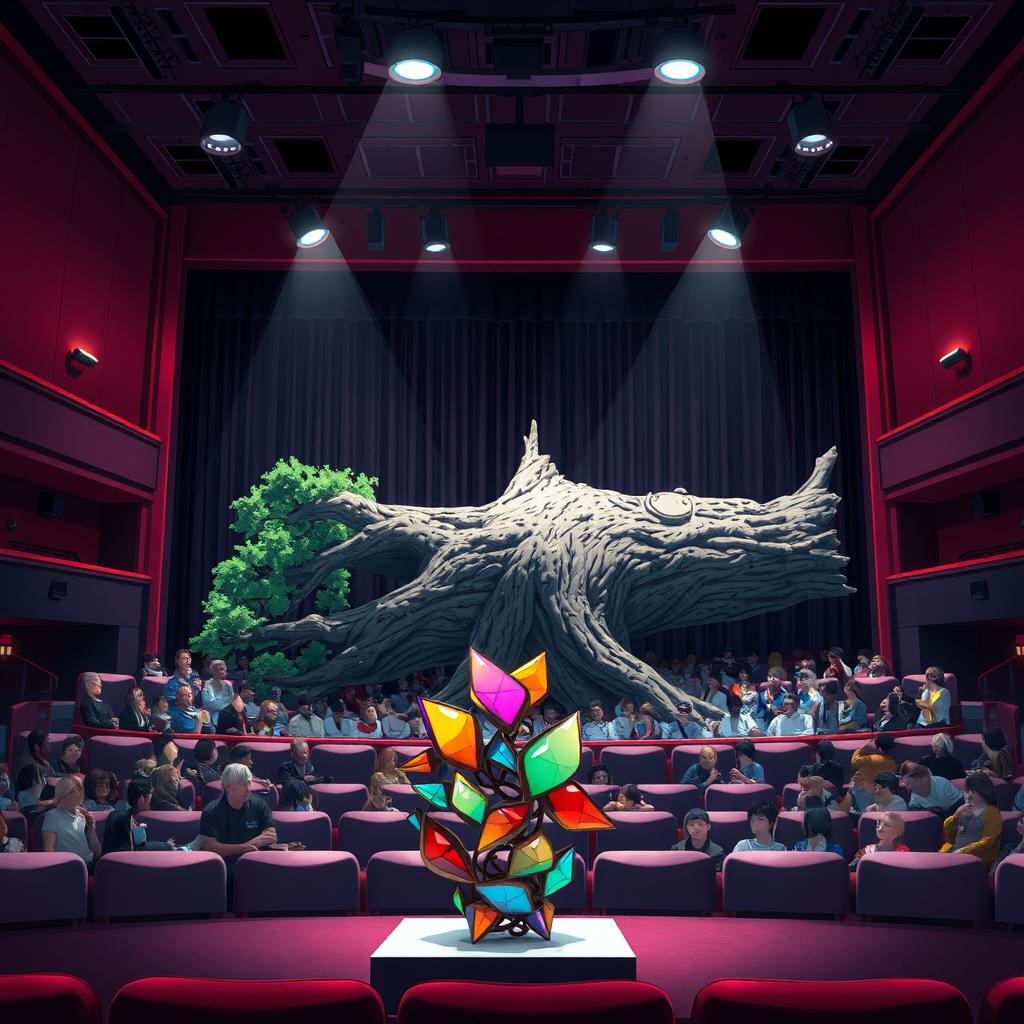 Inside a vibrant anime-style theatre space, a small abstract sculpture is displayed prominently at the front of the stage, crafted from colorful materials that reflect light in captivating ways