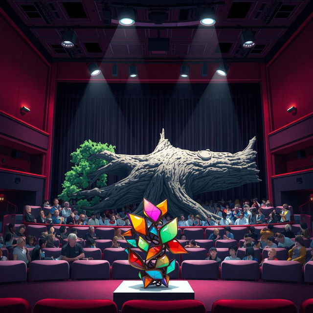 Inside a vibrant anime-style theatre space, a small abstract sculpture is displayed prominently at the front of the stage, crafted from colorful materials that reflect light in captivating ways