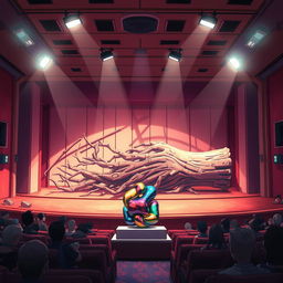 Inside a vibrant anime-style theatre space, a small abstract sculpture is displayed prominently at the front of the stage, crafted from colorful materials that reflect light in captivating ways