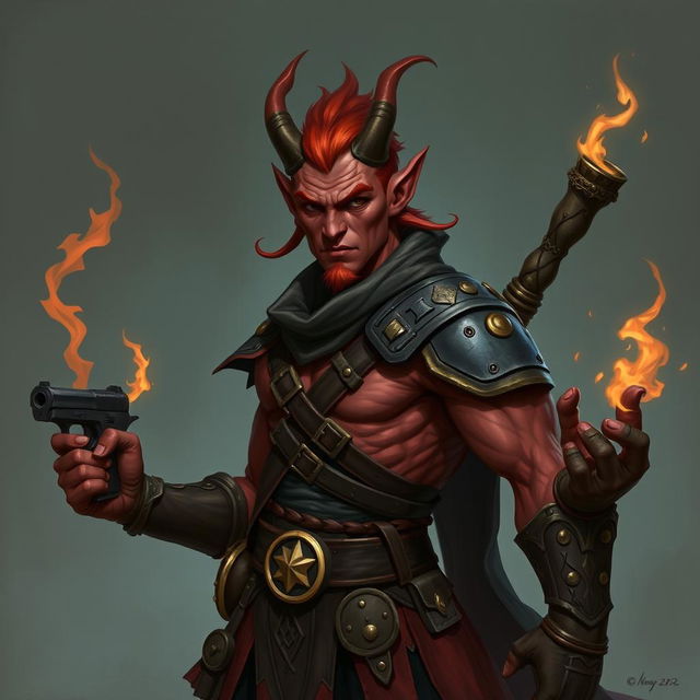 Un tiefling bárbaro llamado Gumong Steamfire, que se presenta como un adulto joven de 32 años en equivalente de edad humana