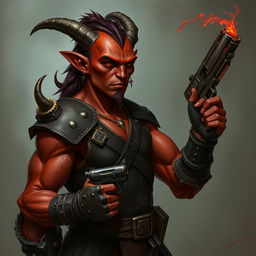 Un tiefling bárbaro llamado Gumong Steamfire, que se presenta como un adulto joven de 32 años en equivalente de edad humana