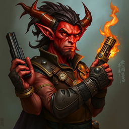 Un tiefling bárbaro llamado Gumong Steamfire, que se presenta como un adulto joven de 32 años en equivalente de edad humana