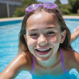 A vibrant 10-year-old girl model, exuding happiness, playfully enjoying herself in a sparkling swimming pool on a sunny day.