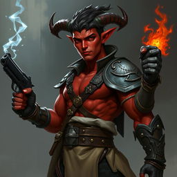 Un tiefling bárbaro llamado Gumong Steamfire, que se presenta como un adulto joven de 32 años en equivalente de edad humana