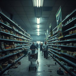 A run-down and poorly stocked supermarket that exudes an uninviting atmosphere