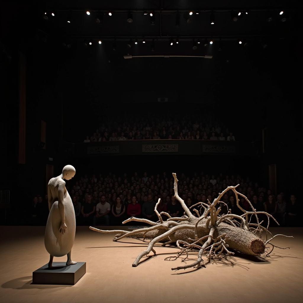 A theatre interior showcasing an intriguing small abstract sculpture positioned close to the audience on the front left of the stage