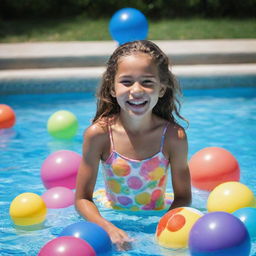 A full body image of a 10 year old girl, full of joy and laughter, playing in a glistening swimming pool with vibrant pool toys around.