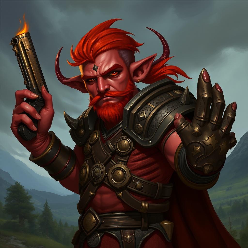 Un tiefling bárbaro llamado Gumong Steamfire, que parece un adulto joven de 32 años en equivalente de edad humana, con piel de un vibrante color rojo y cuernos que se curvan hacia atrás