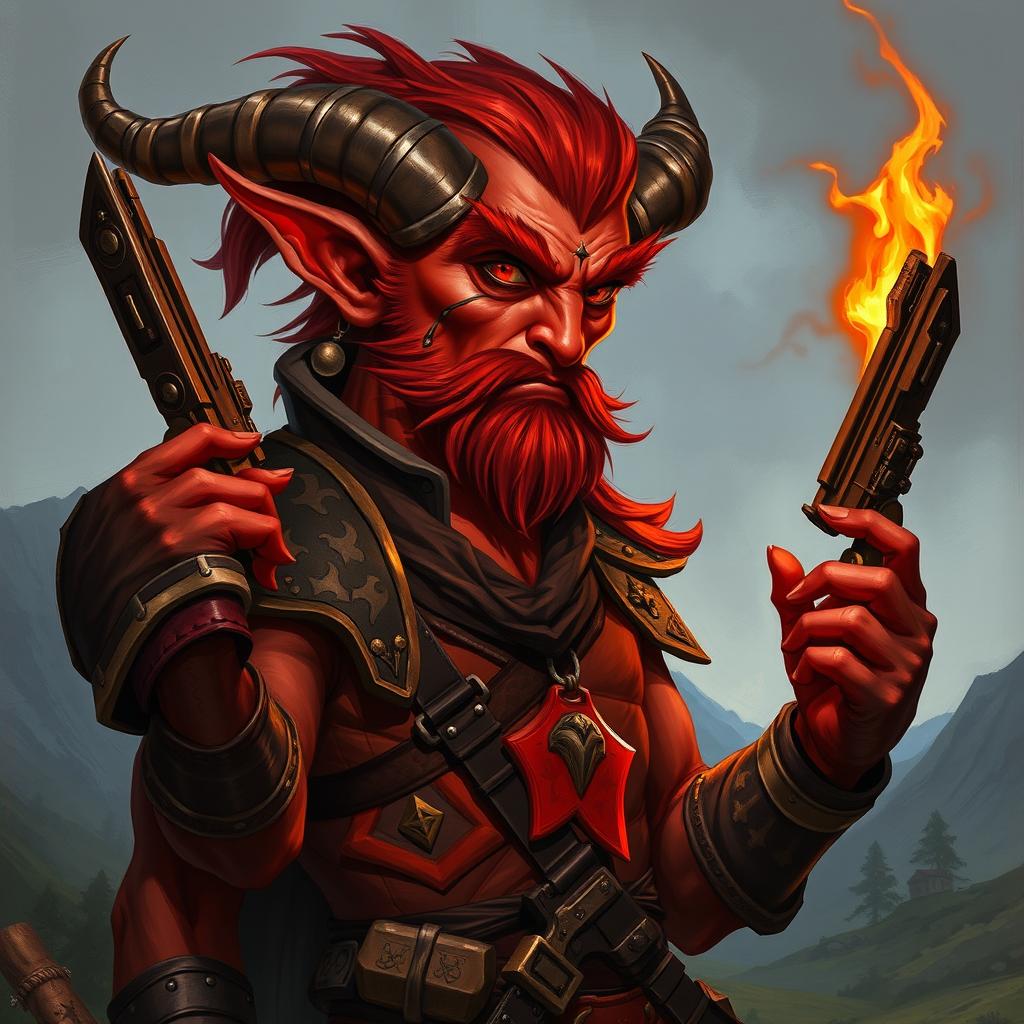 Un tiefling bárbaro llamado Gumong Steamfire, que parece un adulto joven de 32 años en equivalente de edad humana, con piel de un vibrante color rojo y cuernos que se curvan hacia atrás