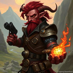 Un tiefling bárbaro llamado Gumong Steamfire, que parece un adulto joven de 32 años en equivalente de edad humana, con piel de un vibrante color rojo y cuernos que se curvan hacia atrás