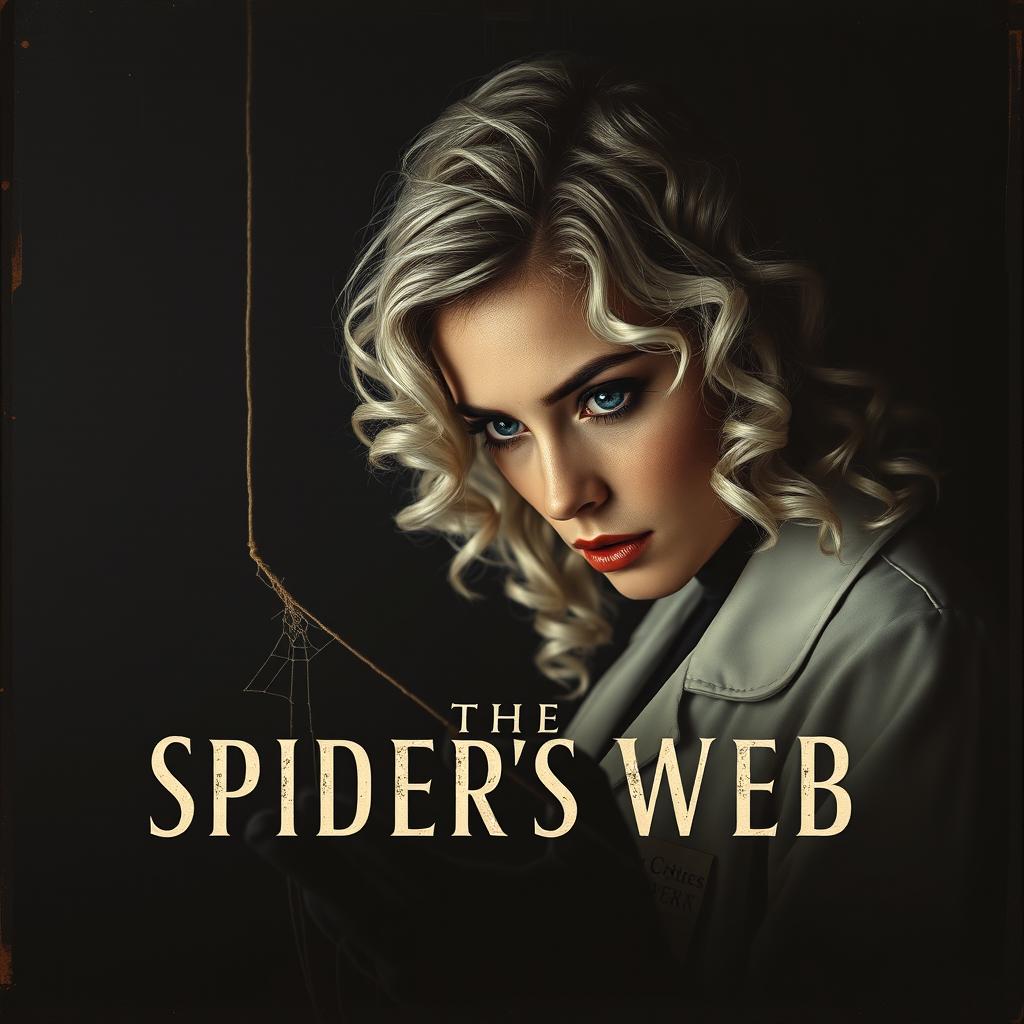 A movie poster titled 'The Spider's Web', featuring a beautiful young female doctor with curly white hair cascading down her shoulders