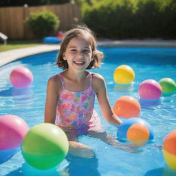 A full body image of a 10 year old girl, full of joy and laughter, playing in a glistening swimming pool with vibrant pool toys around.