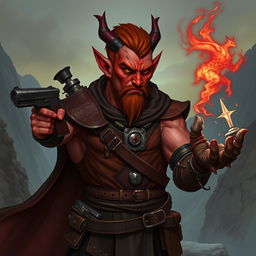 Un tiefling bárbaro llamado Gumong Steamfire, que parece un adulto joven de 32 años en equivalente de edad humana, con piel de un vibrante color rojo y cuernos que se curvan hacia atrás